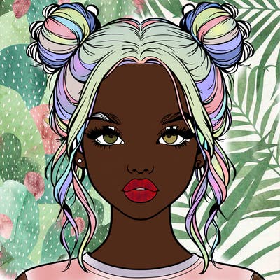 realistic girl with two buns in hair and lips