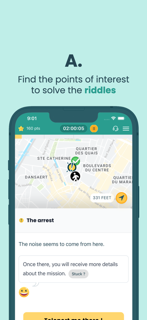 Coddy - Interface de l'application Coddy montrant une carte de la ville avec des marqueurs de mission et des points d'intérêt pour résoudre des énigmes