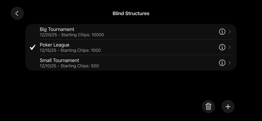 A minimalist menu screen showing different saved poker tournament blind structures with starting chip counts and event dates