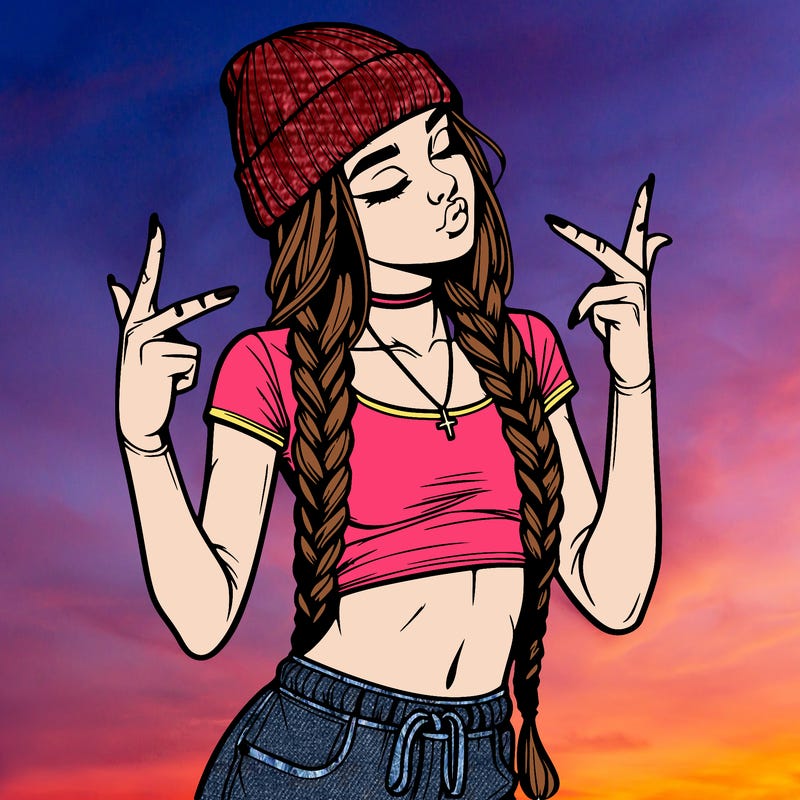 realistic teenage girl with braids and a beanie and crop top doing 🫶🏼
