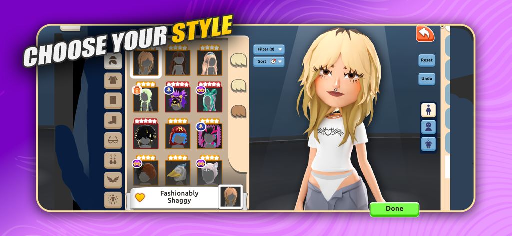 Hotel Hideaway: Avatar & Chat - Avatar-Anpassungsoberfläche in Hotel Hideaway mit verschiedenen Modestilen