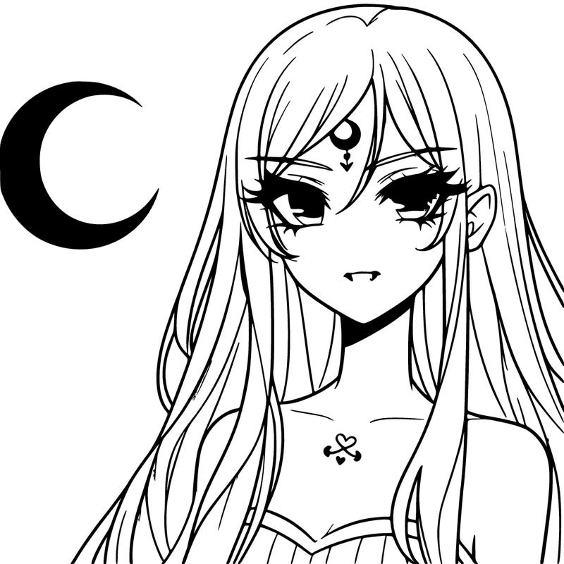 anime female vampire, crescent moon tattoo on forehead, long light hair