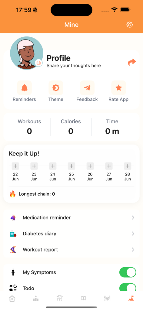 Exercise for Obesity at Home - Tableau de bord du profil utilisateur de l'application d'exercice pour l'obésité à domicile avec statistiques d'entraînement, rappels de médicaments et journal du diabète.