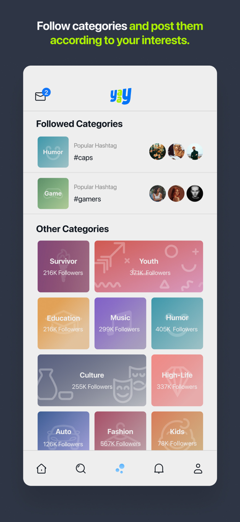 A screenshot of the Yaay app interface displaying different interest categories like Music, Fashion, and Humor for a personalized social feed.