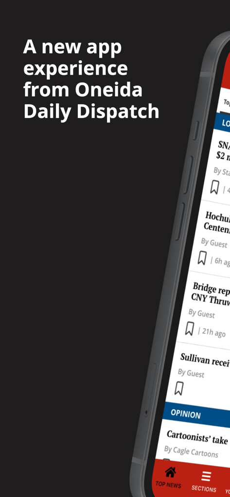 Interfaz de la aplicación de noticias Oneida Daily Dispatch con titulares locales