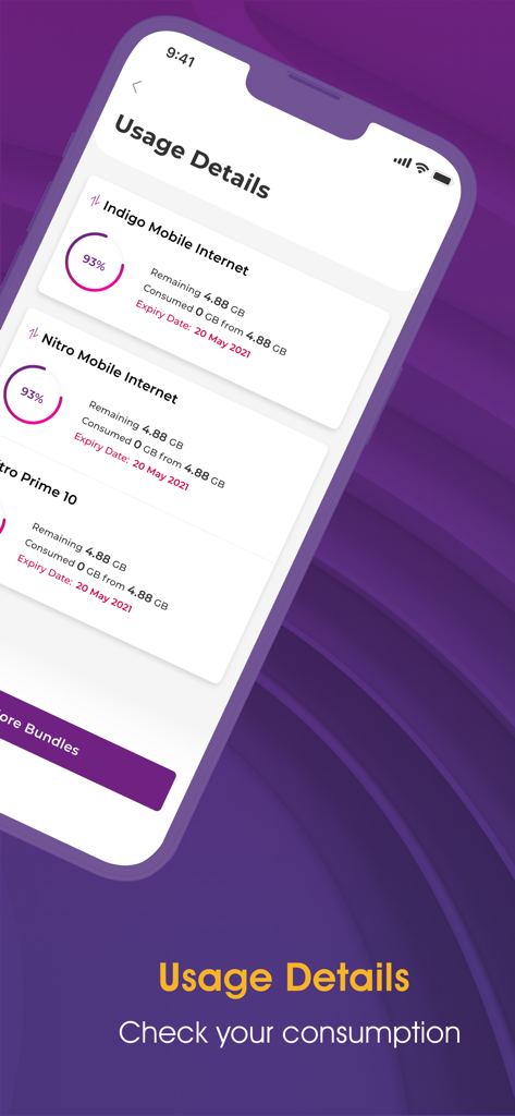 Screenshot of My WE app showing mobile internet usage details including remaining data and expiry dates