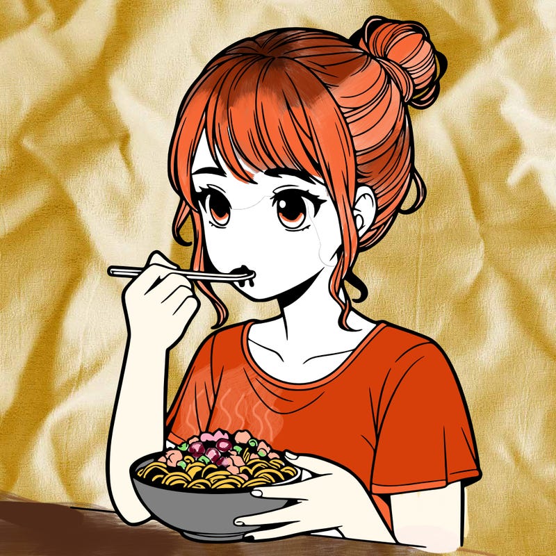 a realistic girl, eating food