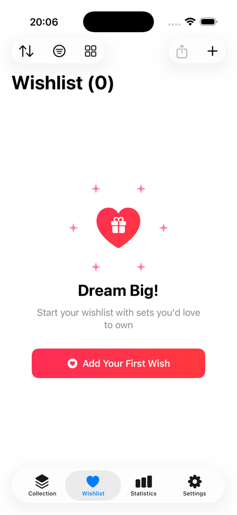 BrickLog - Pantalla de lista de deseos vacía en la aplicación BrickLog con un icono de corazón y un botón para agregar nuevos sets.