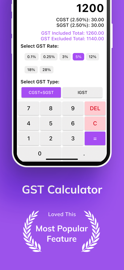 税率の選択と合計金額の計算が表示されているGST計算機のモバイルアプリ画面