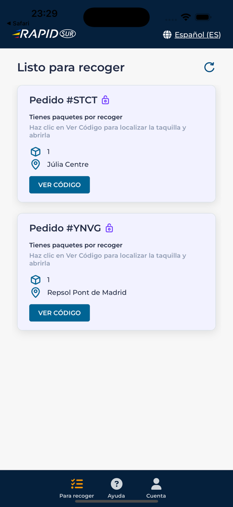 RapidSur - RapidSur mobile app interface showing a list of packages ready for pickup at designated locations