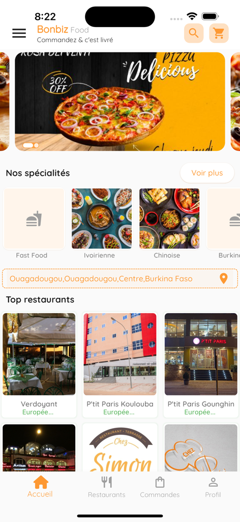 Interfaccia dell'app Bonbiz Food che mostra categorie di ristoranti ed eatery più votati a Ouagadougou, Burkina Faso.