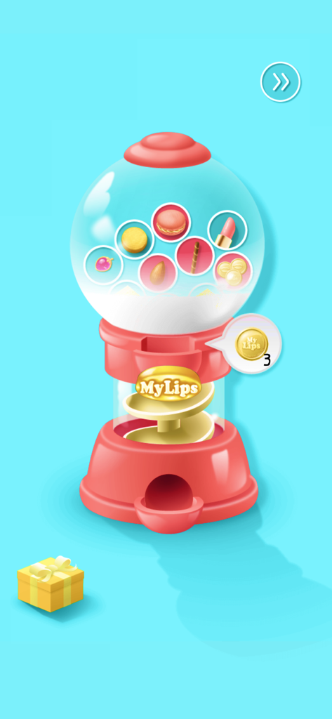 My  Lips - My Lips 앱에서 수집 가능한 음식 및 립스틱 아이템을 보여주는 빨간색 가챠 기계.