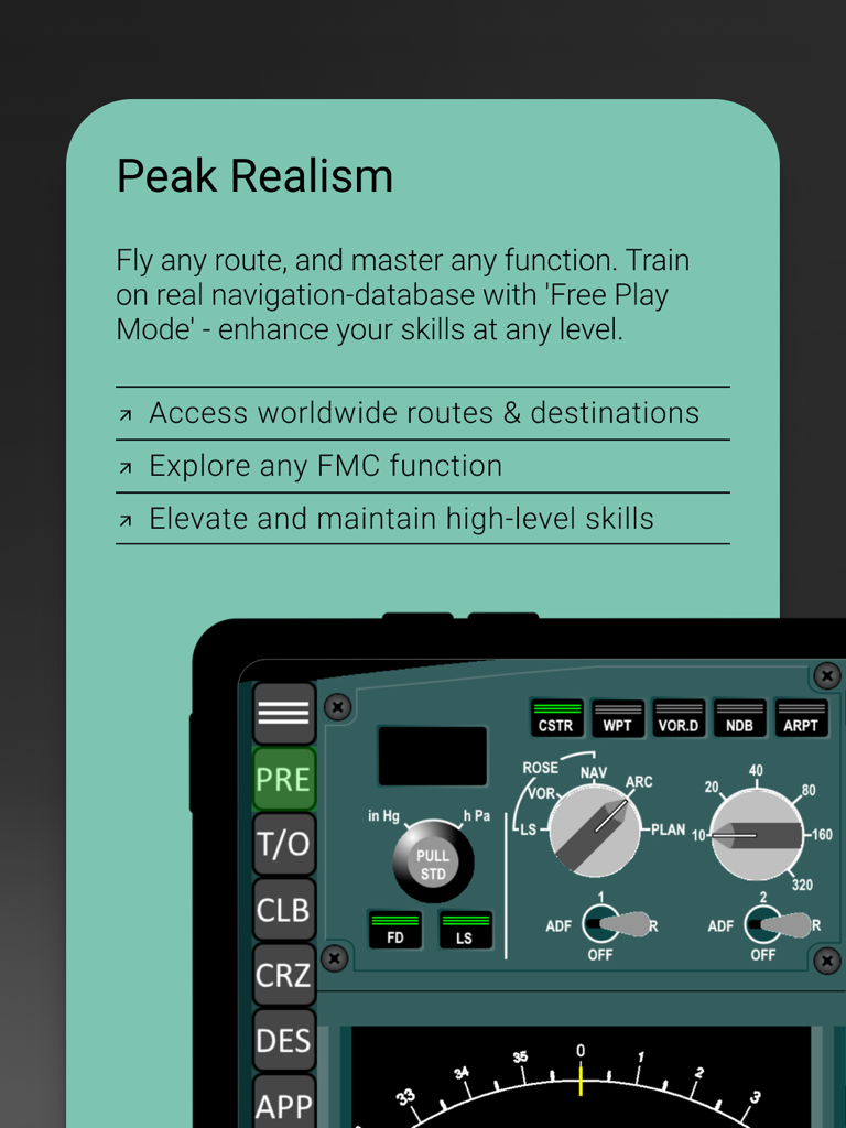 A330 FMS Trainer PRO interface showing peak realism and free play mode features for professional pilot training
