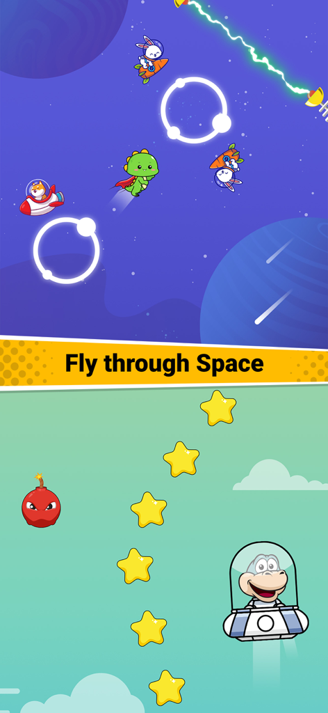 Cartoon dinosaurs flying through space and collecting stars in a UFO game screen