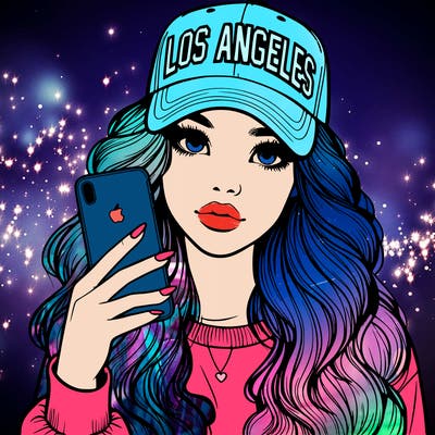 realistic beautiful girl wearing los ángeles cap holding an iphone