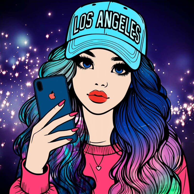 realistic beautiful girl wearing los ángeles cap holding an iphone