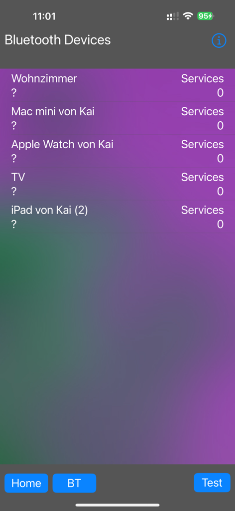List of nearby Bluetooth devices on the Home Sensors Battery Levels app interface