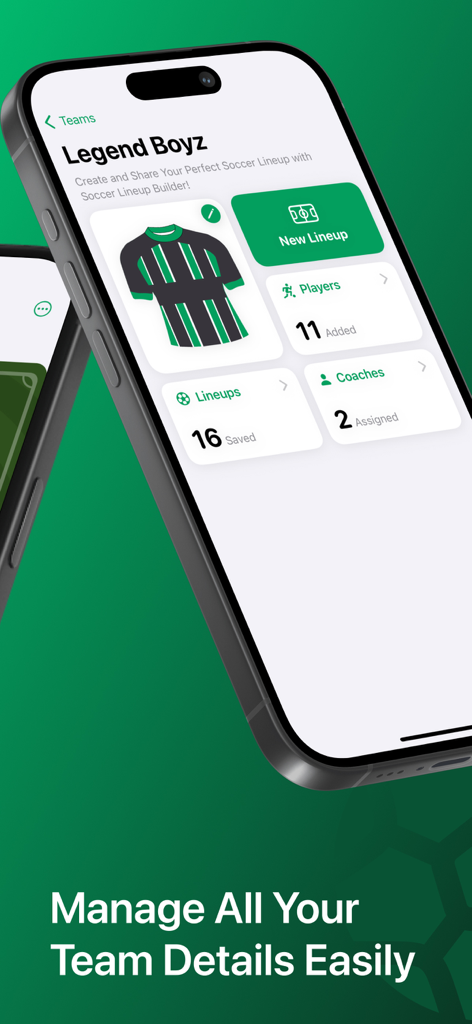 Una pantalla de aplicación móvil que muestra detalles de gestión de equipos de fútbol, incluida la personalización de camisetas y estadísticas de jugadores.