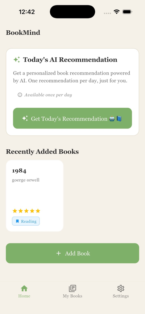 bookmind ai - BookMind AI 앱 홈 화면에 일일 도서 추천 기능과 최근 추가된 도서 추적기가 표시됩니다.
