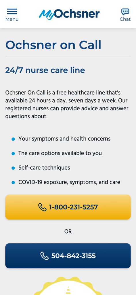 MyOchsner app 24/7 nurse care line screen showing contact phone numbers for health advice