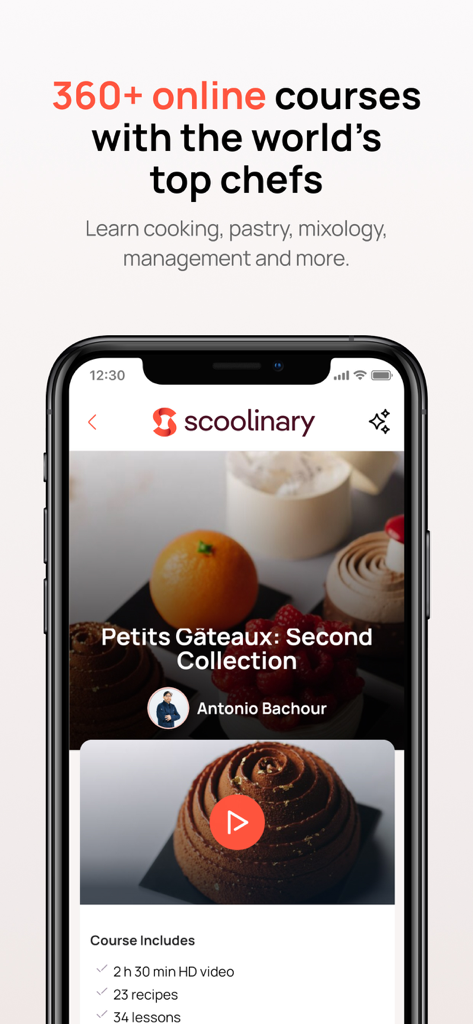 Smartphone screen showing Scoolinary app interface featuring a professional pastry course by chef Antonio Bachour.