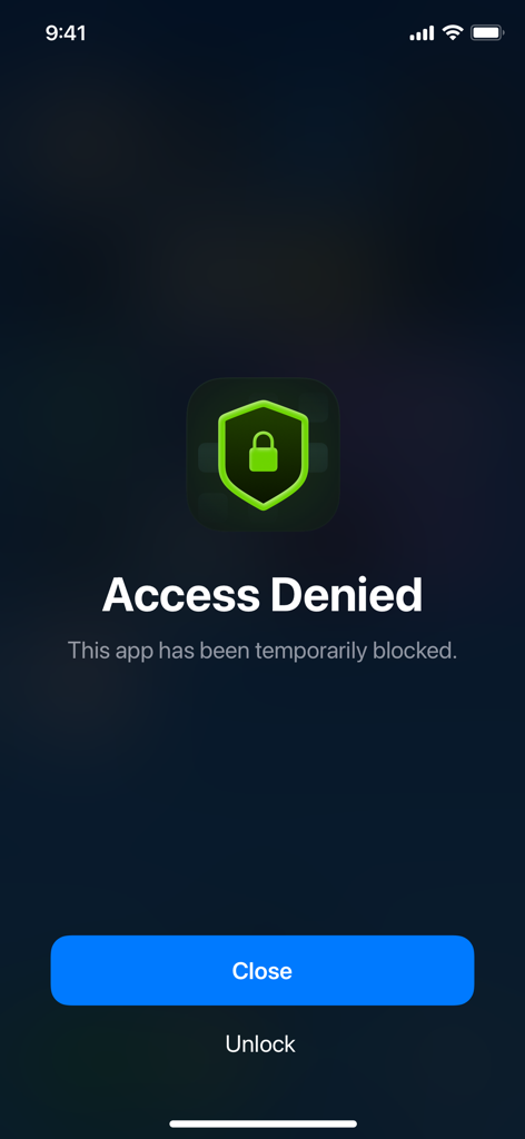 Access Denied screen in App Lock app showing a blocked app status with a green shield padlock icon