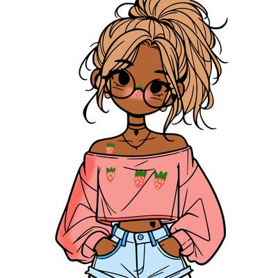 girl with a messy ponytail glasses a baggy crop top and jean shorts