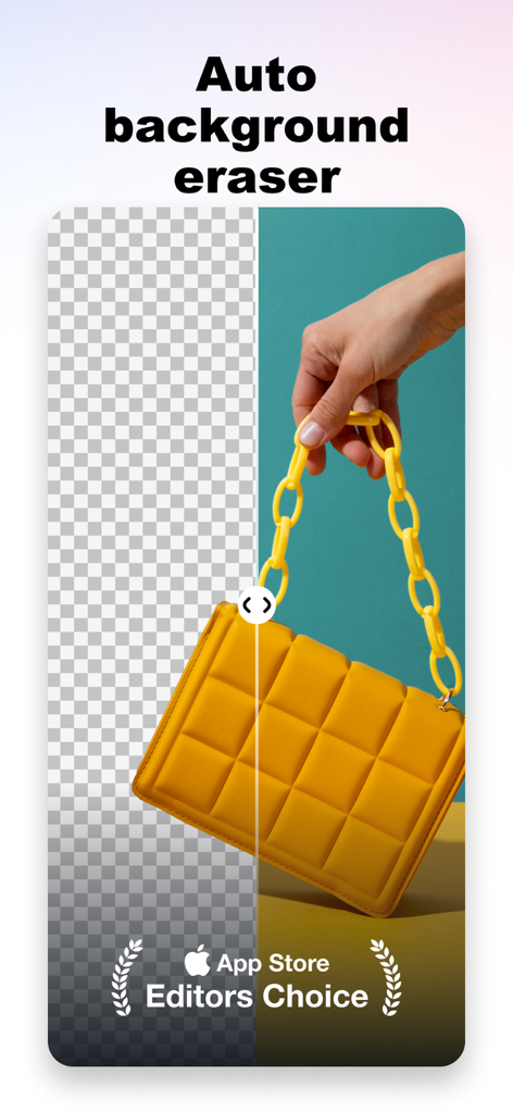 Background Eraser&Photo Editor - Una comparación de antes y después que muestra la herramienta de borrador de fondos automático eliminando un fondo verde azulado de un bolso acolchado amarillo para una toma de producto profesional.