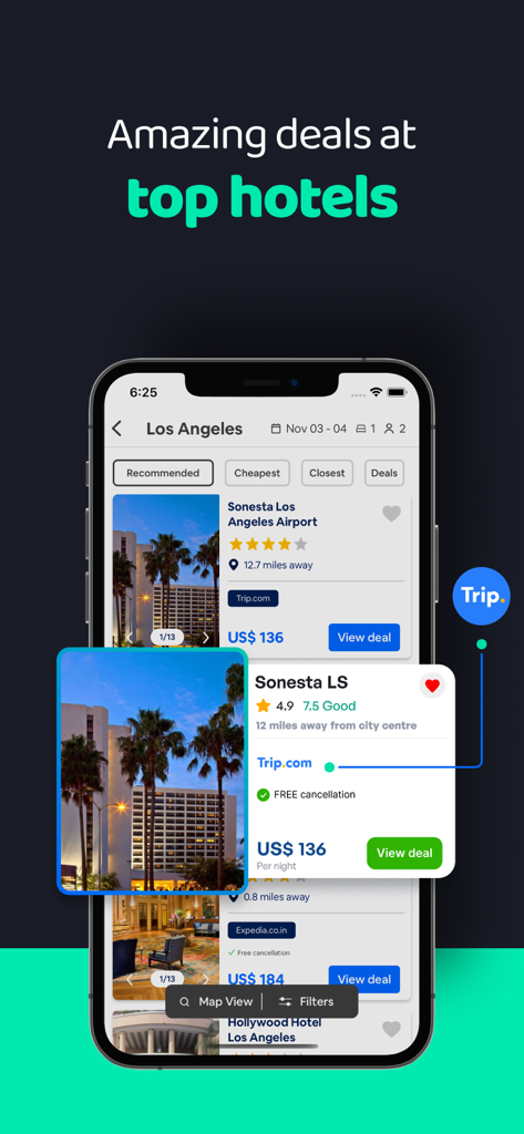Cheap Hotels・Hotel Deals - App interface displaying cheap hotel deals and prices for Los Angeles