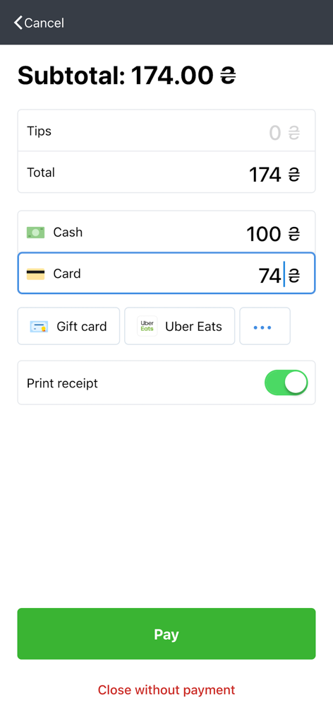 Poster — tablet POS - Payment checkout screen of the Poster POS app with split payment options for cash and card