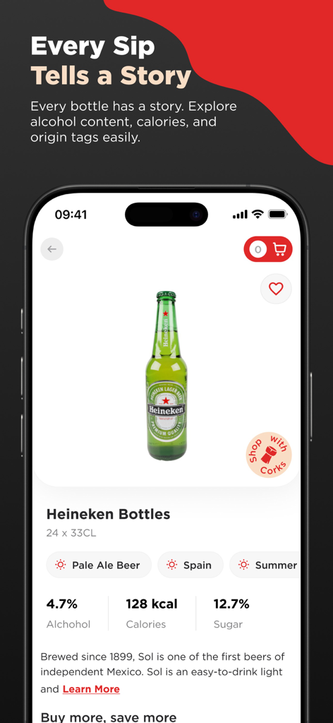 Detailed product page for Heineken beer on the MMI Cheers Club app showing alcohol content and calories