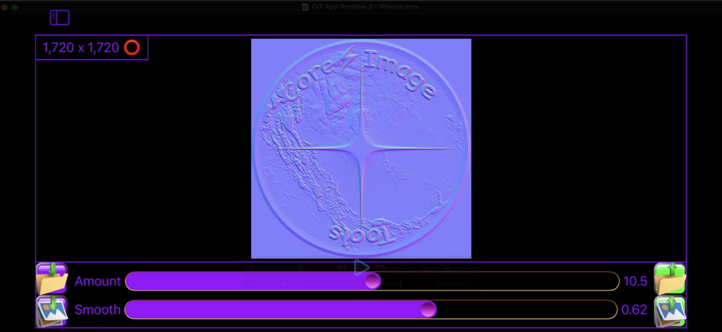 Core Image Tools - Core Image Tools interface showing a normal map texture generation for a logo with amount and smooth sliders