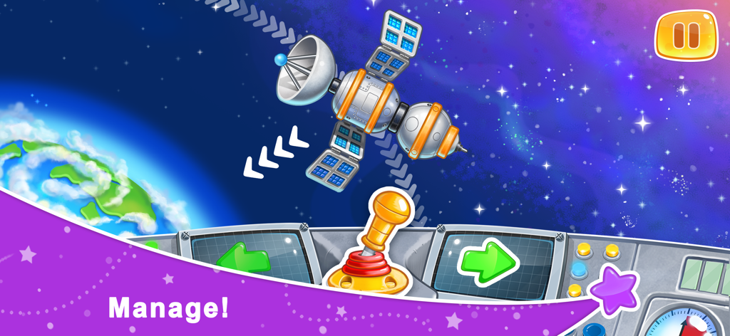 Satélite orbitando la Tierra con un panel de control de juego en la parte inferior