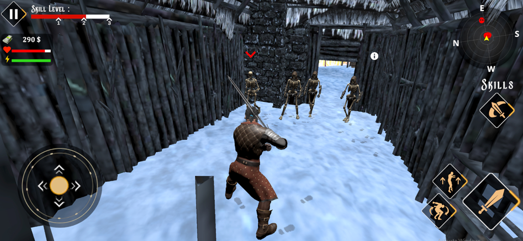 Undead: Sword Fighting Games - A warrior character facing skeletal enemies in a snowy interior level of Undead Sword Fighting Games.