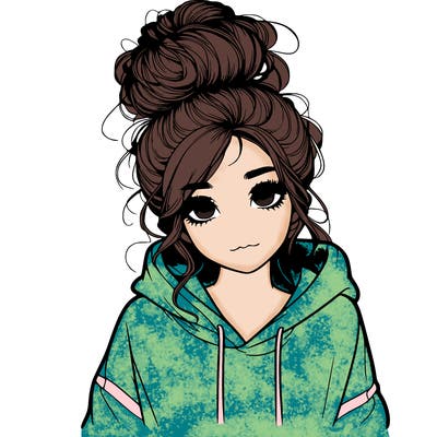 realistic girl with a massy bun and a hoodie