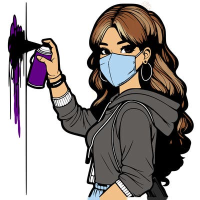 realistic girl with mask spray painting a wall