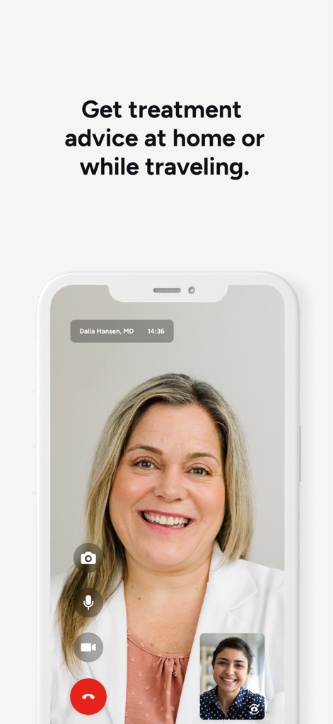 Included Health - Un écran de smartphone affichant une consultation médicale virtuelle sur l'application Included Health via une interface d'appel vidéo