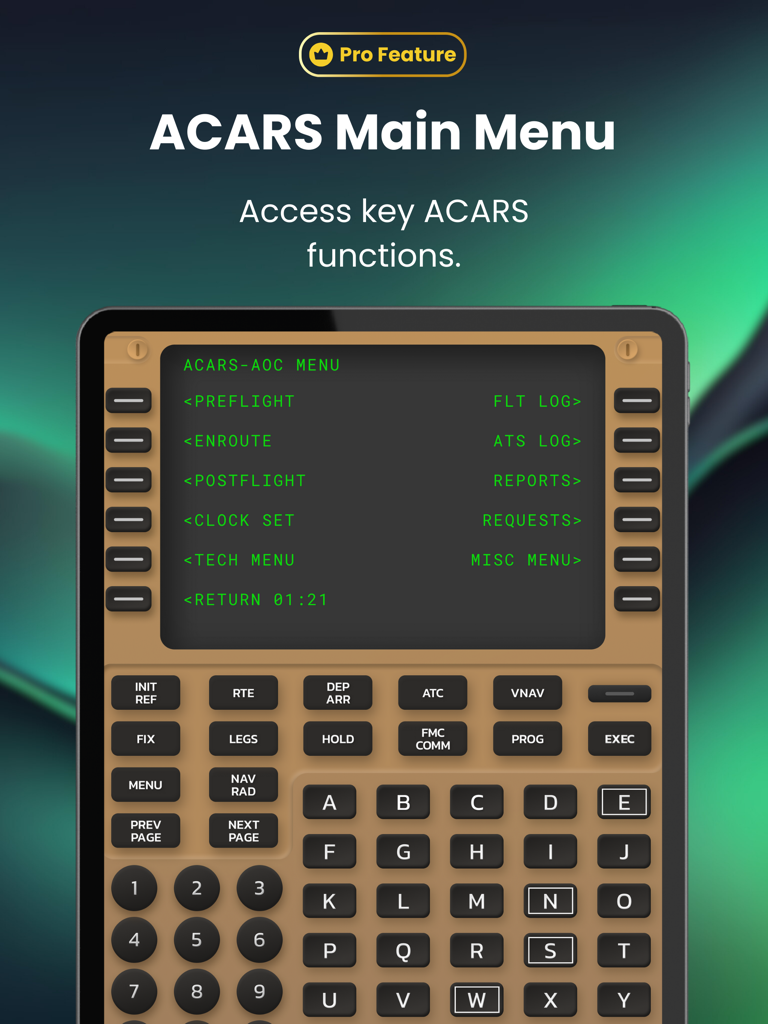 La interfaz del menú principal ACARS de la aplicación B747 FMS Trainer mostrada en la pantalla de un iPad.