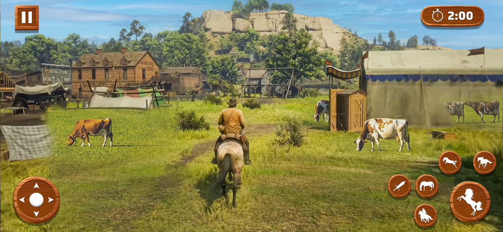 Wild Horse Simulator Jungle 3D - ワイルドホースシミュレータージャングル3Dの西部劇の町を馬に乗って駆け抜けるキャラクター。