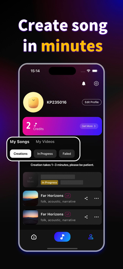 KP - AI Music & Song Generator - Interface of the KP AI Music app showing the My Songs page with generated folk tracks and credit balance.