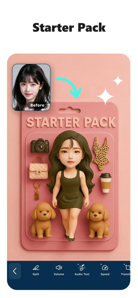 PowerDirector AI feature transforming a portrait into a stylized 3D figurine starter pack