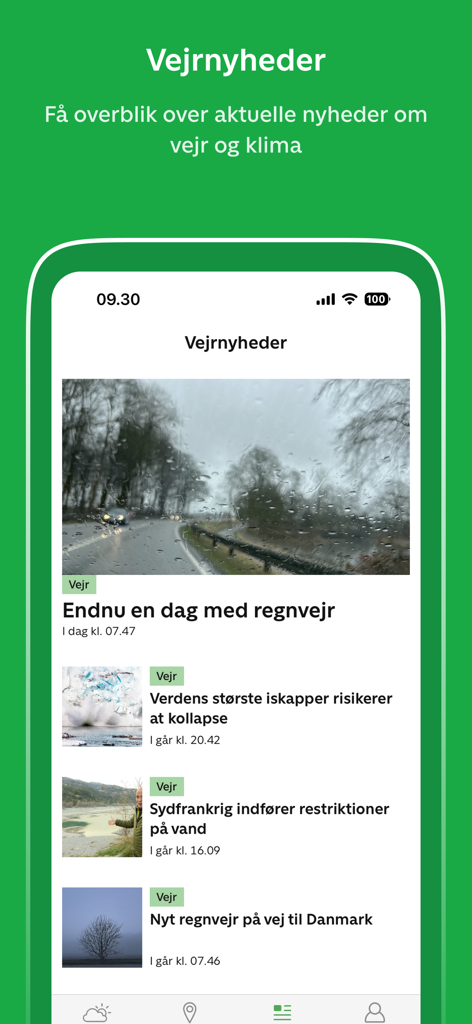 TV 2 Vejr - Danish weather news section in the TV 2 Vejr app showing climate and weather articles.