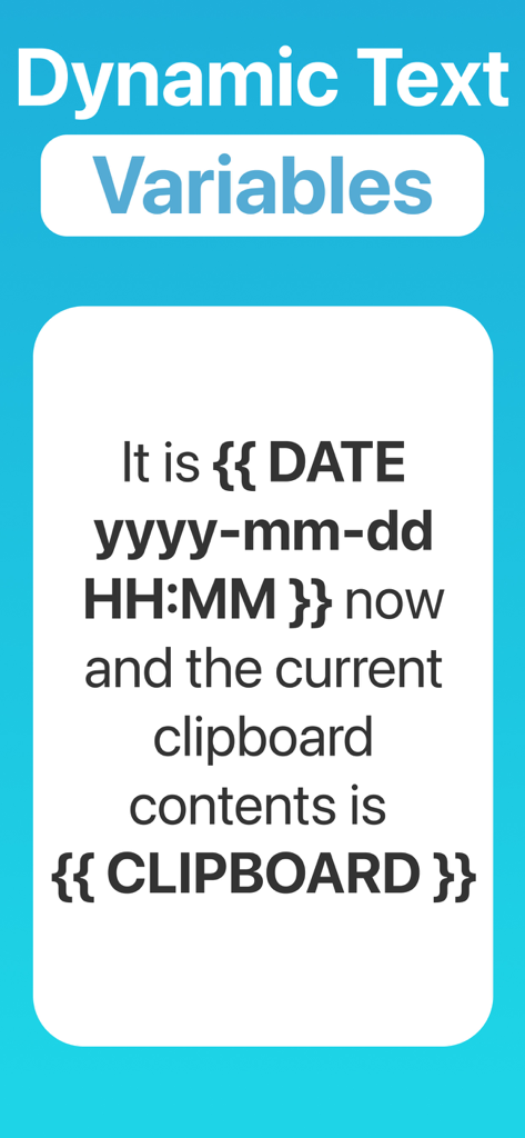 WordBoard: Copy Paste Keyboard - WordBoard app screen showing dynamic text variables for date and clipboard contents