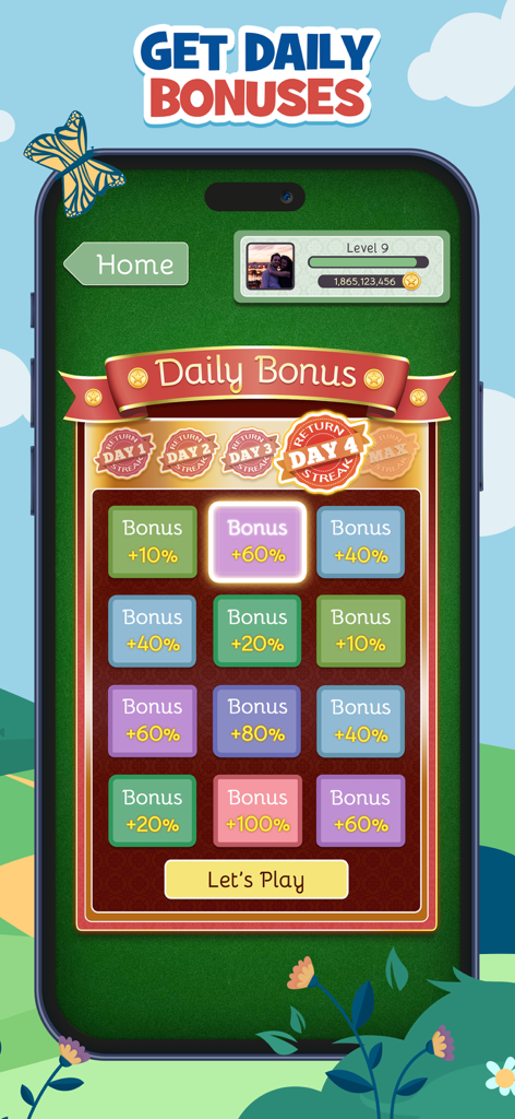 Pantalla de recompensas diarias que muestra bonificaciones porcentuales en la aplicación FreeCell Deluxe Social