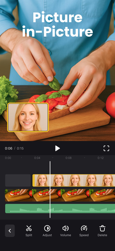 Interfaz del editor de video móvil mostrando el efecto picture-in-picture con una línea de tiempo multipista.