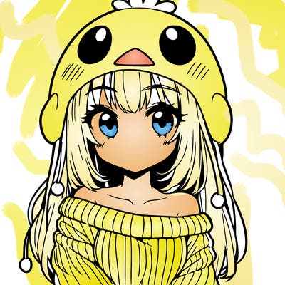 anime girl with chick shaped hat with sweater with bare shoulders with bangs covering them one eye with low tail