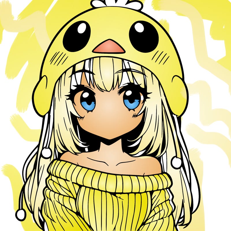 anime girl with chick shaped hat with sweater with bare shoulders with bangs covering them one eye with low tail