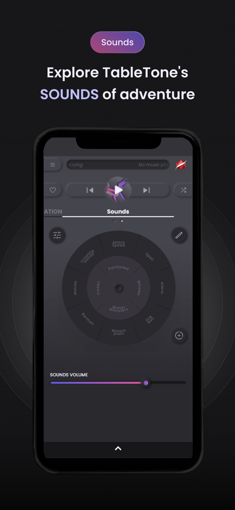 TableTone: TTRPG Music & Sound - Interfaz de la aplicación TableTone que muestra una rueda circular de selección de sonido con varios efectos de sonido de aventura para juegos de TTRPG
