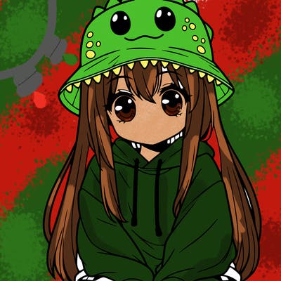 girl with anime shaped eyes with a dinosaur bucket hat oversized sweatshirt long straight hair