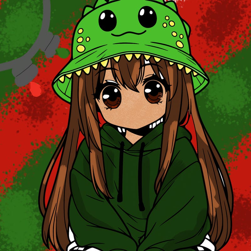 girl with anime shaped eyes with a dinosaur bucket hat oversized sweatshirt long straight hair
